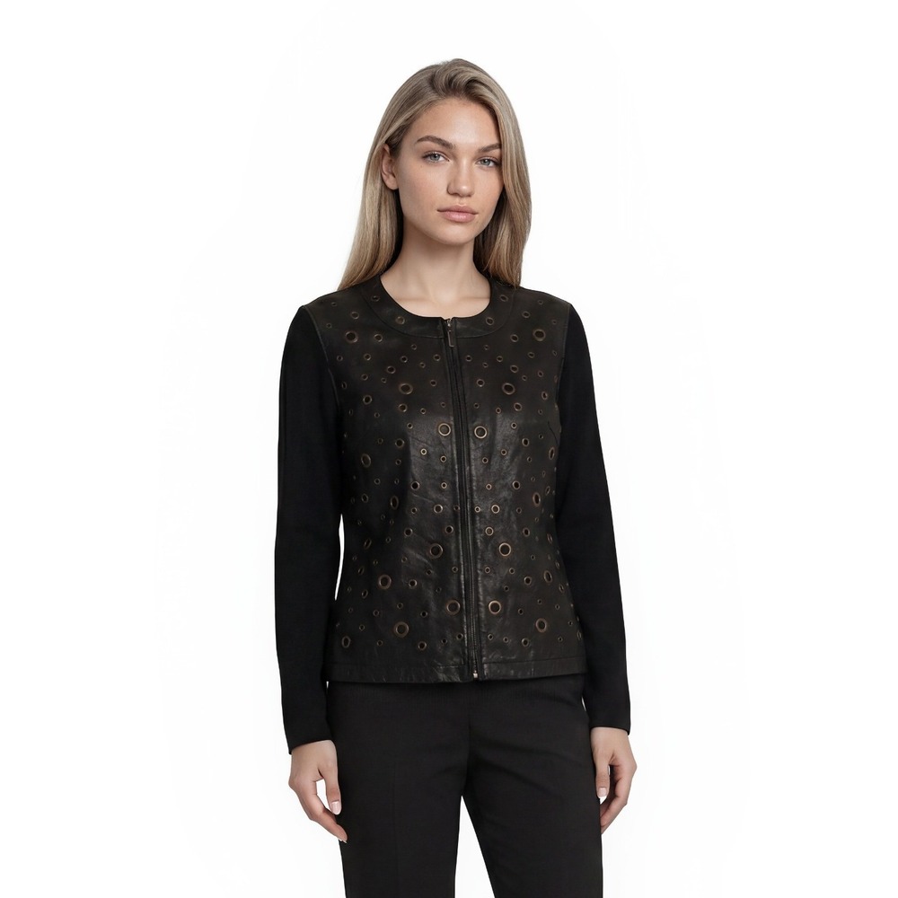 Michael Simon Cardigan Jacket Sweater Women's Size Medium Black Lamb Leather